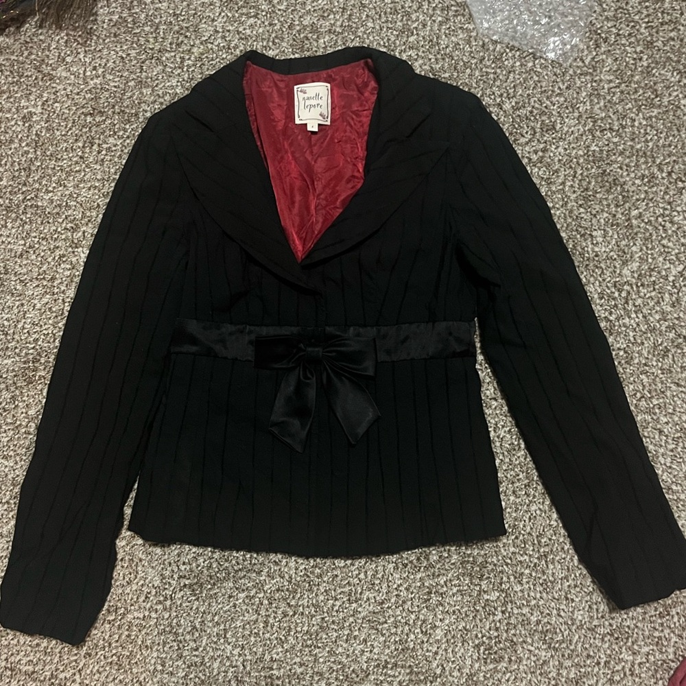 Nanette Lepore black blazer jacket snap front bow closure 4 small striped stripe